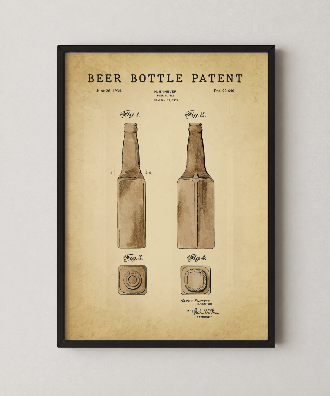 Beer bottle patent print in a black frame