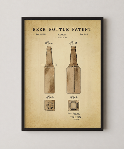 Beer bottle patent print in a black frame