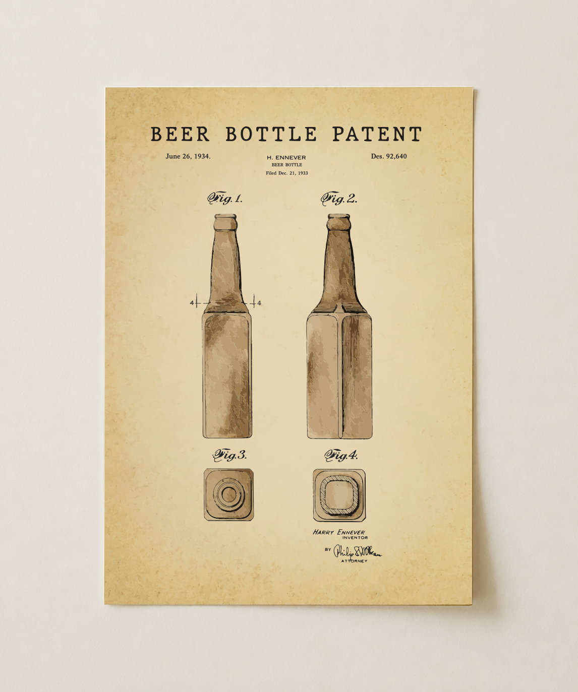 Beer bottle patent print, unframed