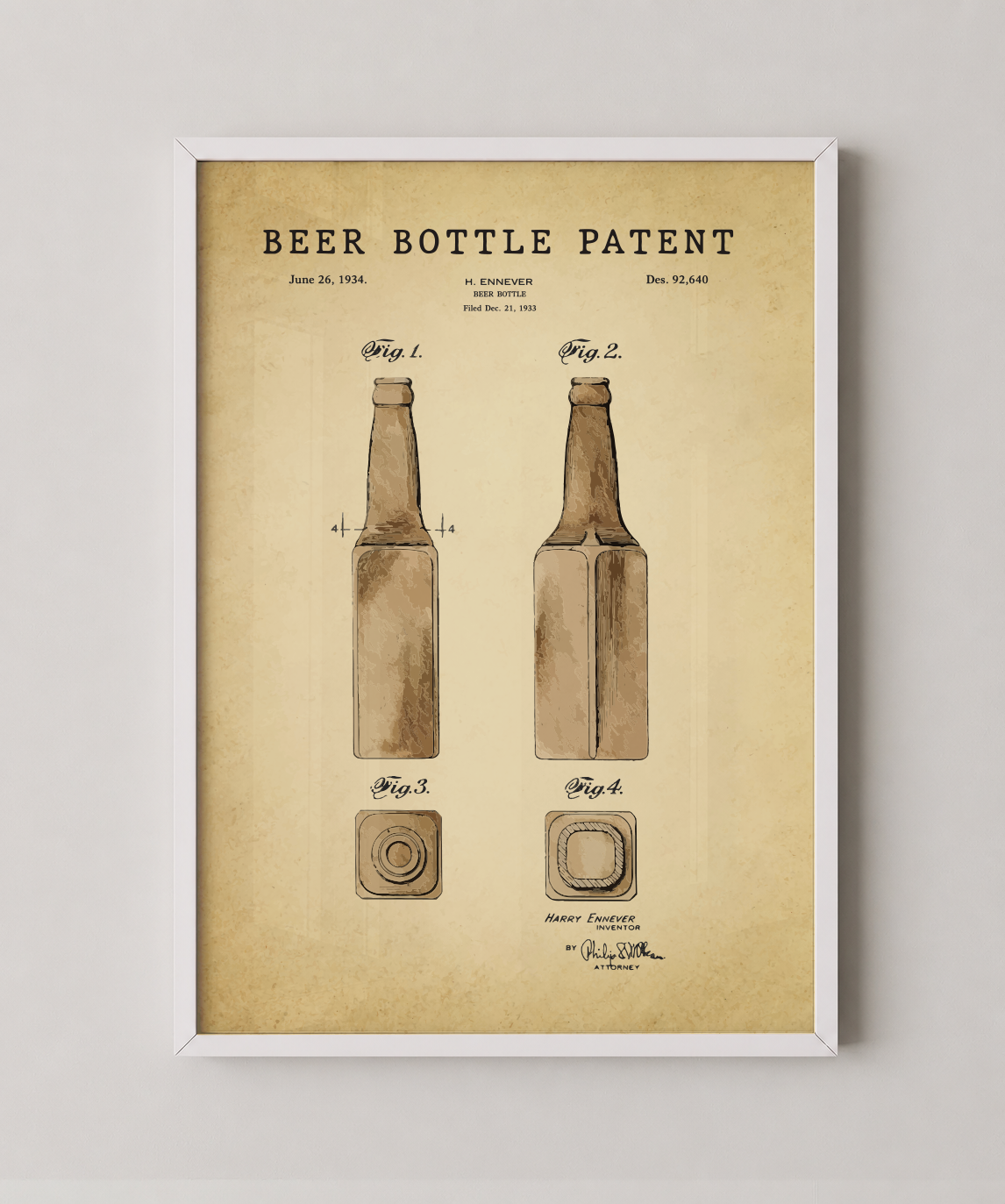 Beer bottle patent print in a white frame