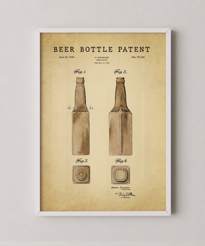 Beer bottle patent print in a white frame