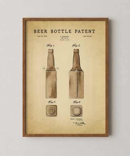 Beer bottle patent print in a natural oak wood frame