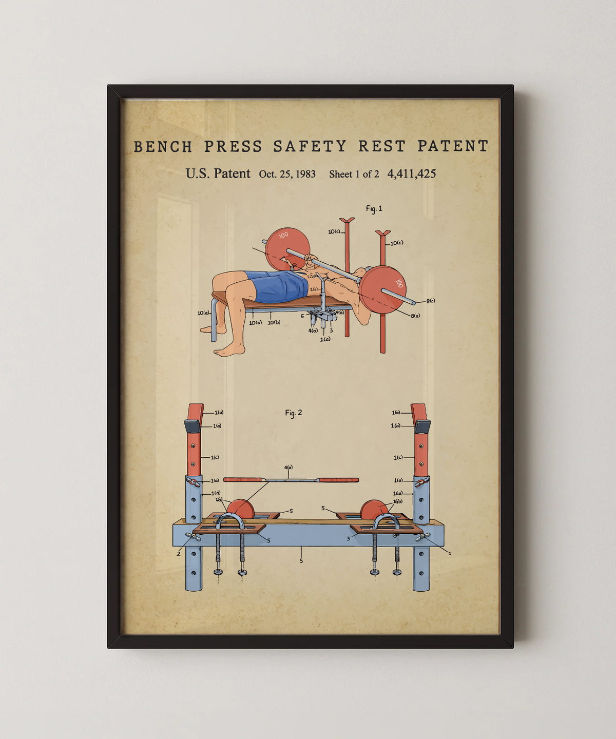 Bench press safety rest patent print in a black frame