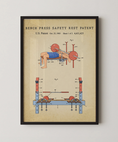 Bench press safety rest patent print in a black frame