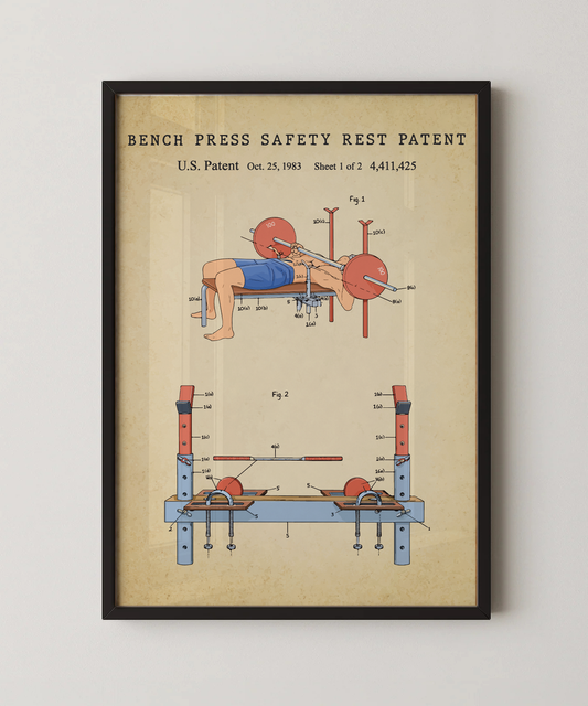 Bench press safety rest patent print in a black frame