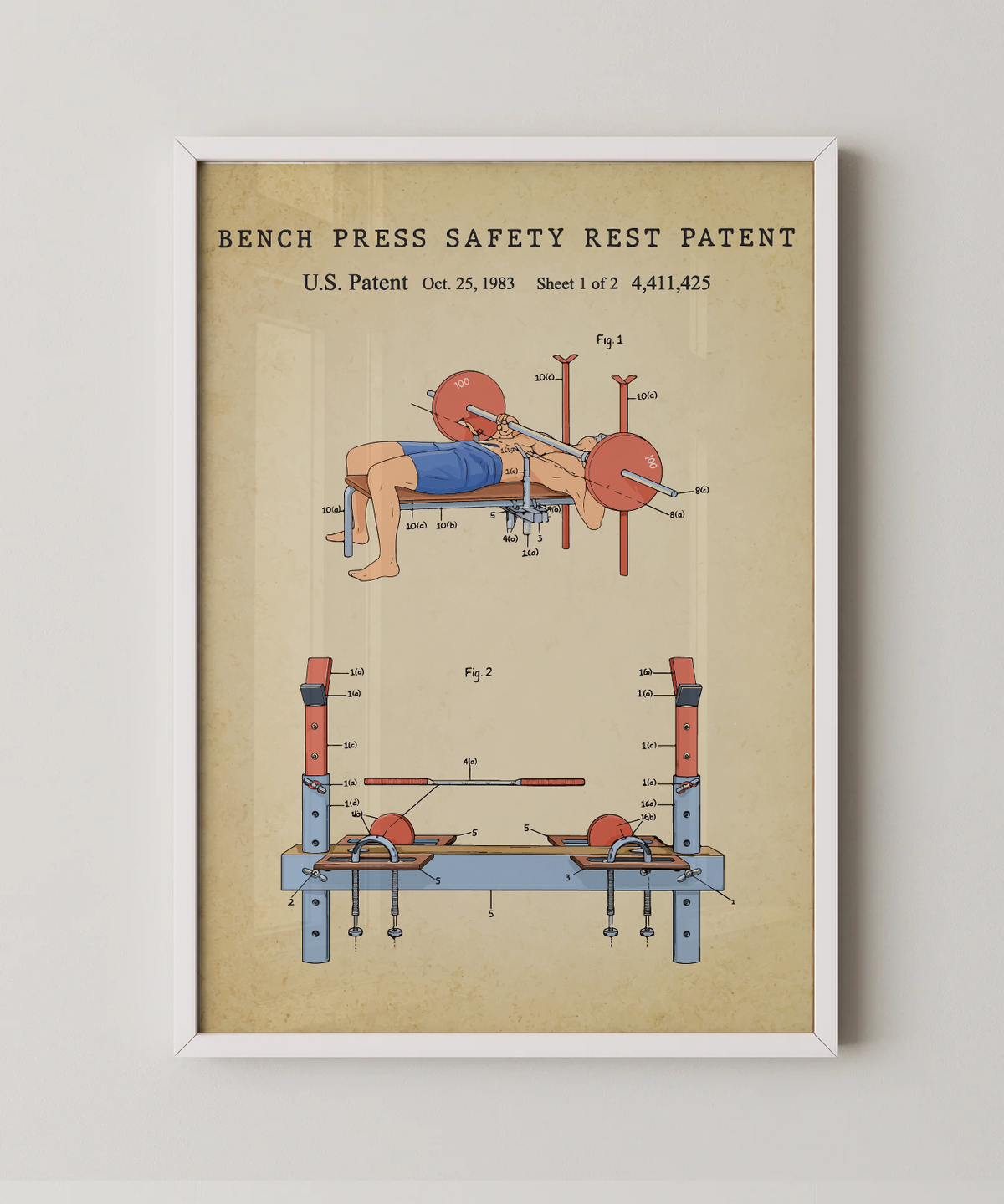 Bench press safety rest patent print in a white frame
