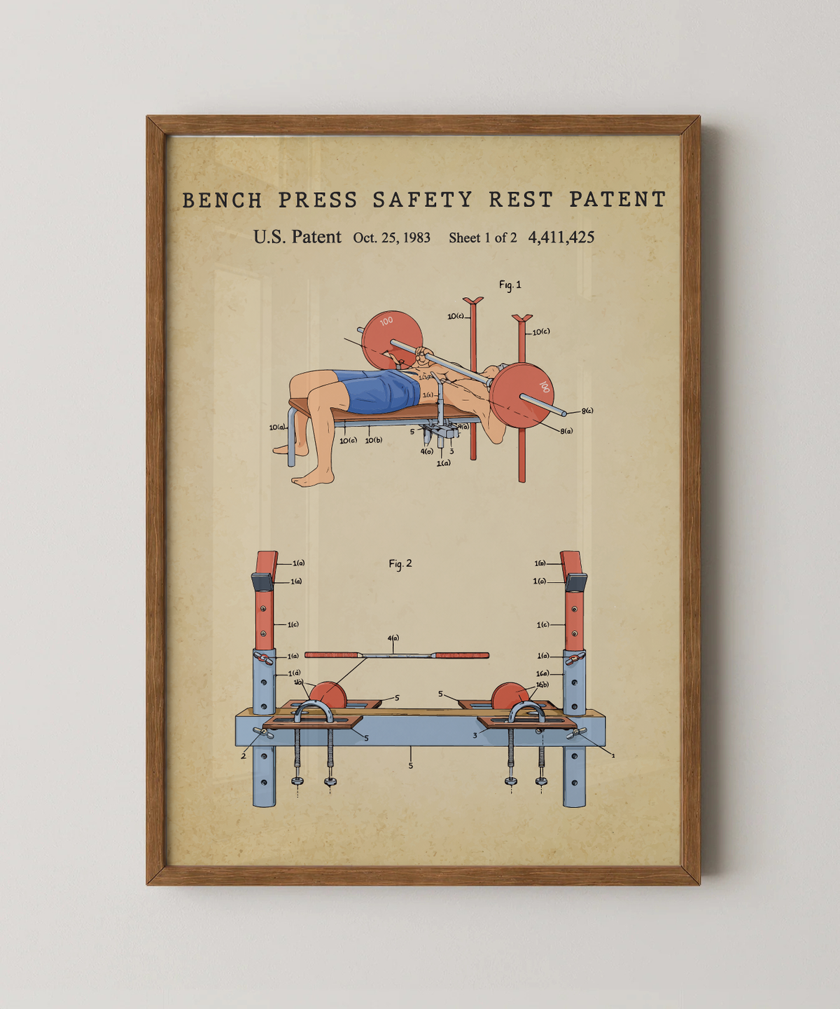 Bench press safety rest patent print in a natural oak wood frame