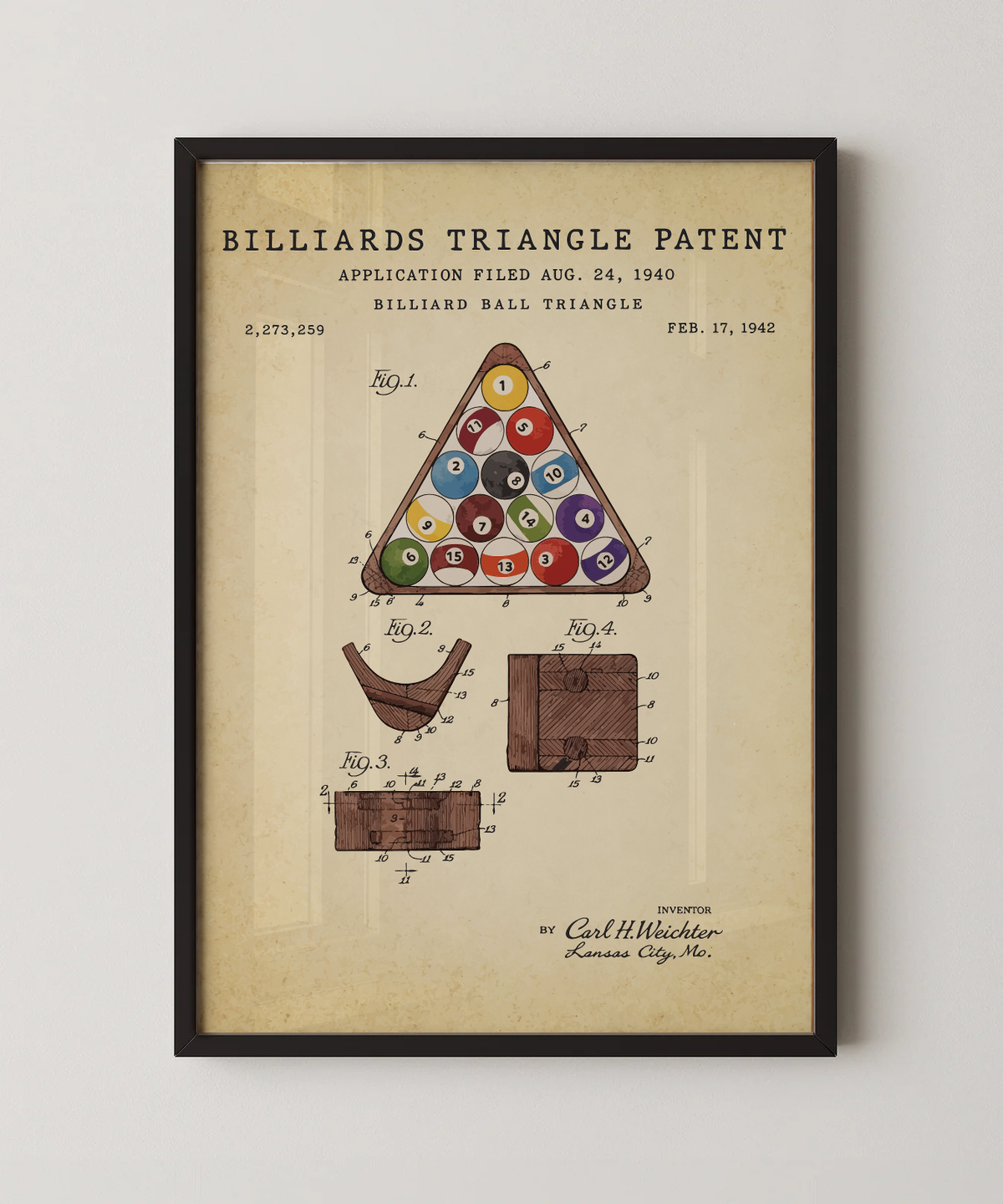 Billiards triangle patent print in a black frame