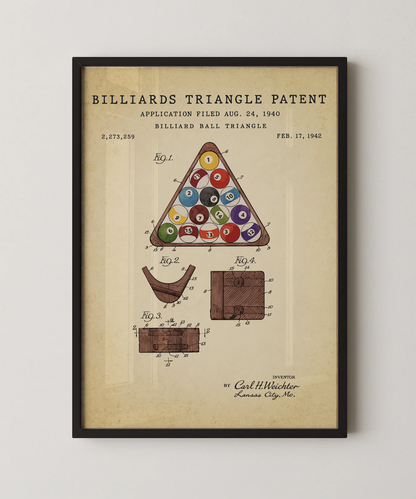 Billiards triangle patent print in a black frame