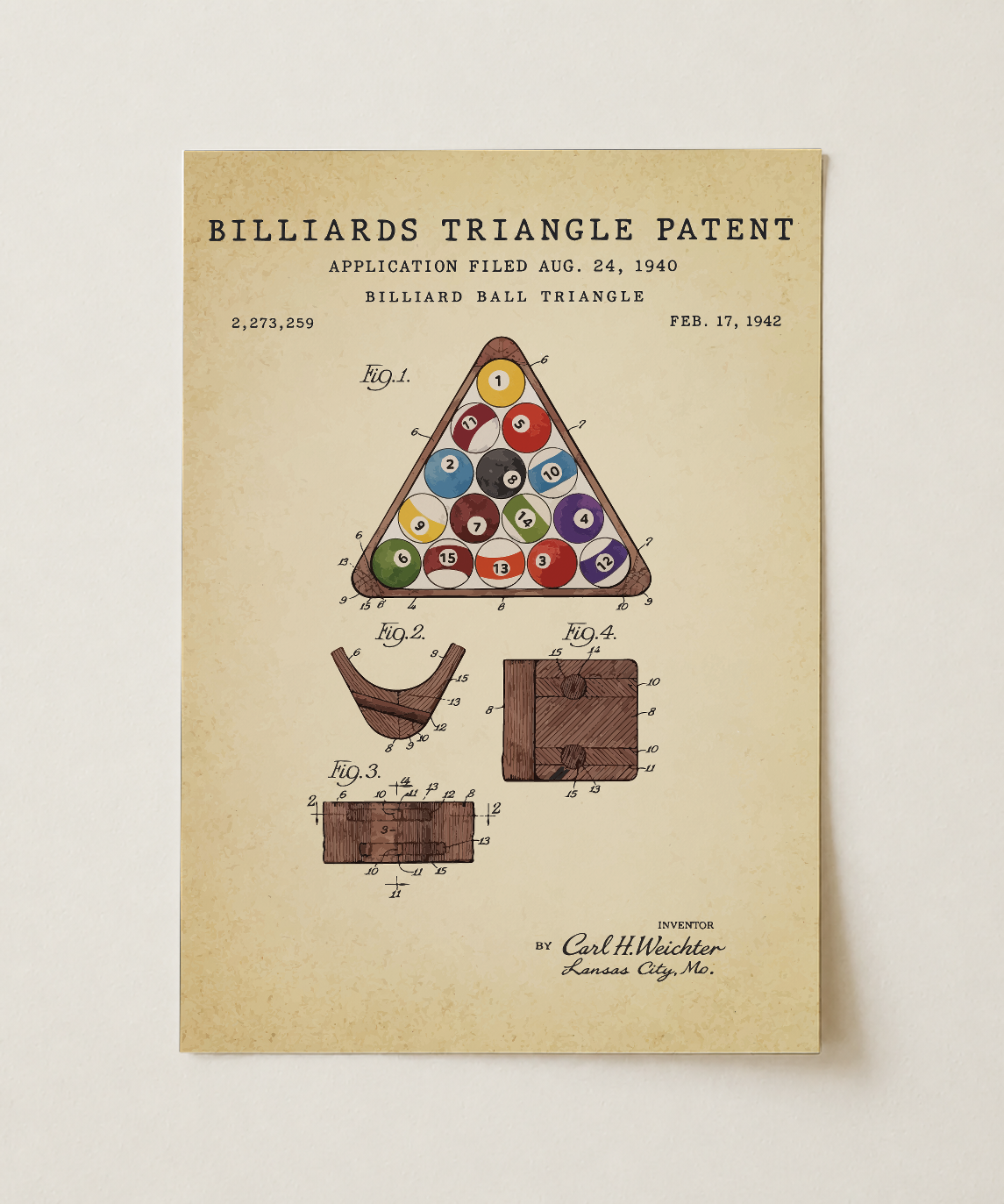 Billiards triangle patent print, unframed