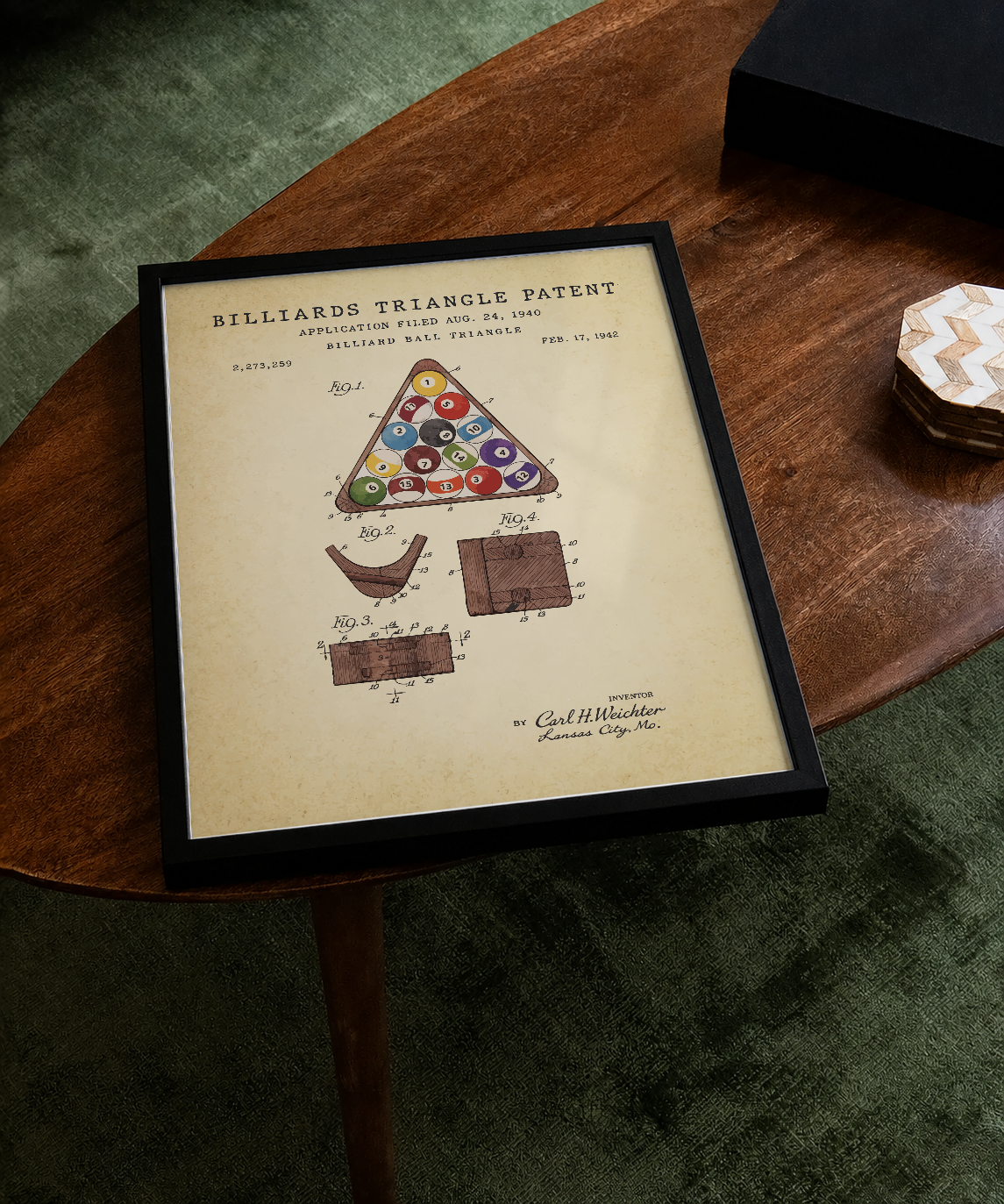 Billiards triangle patent print displayed on a tabletop