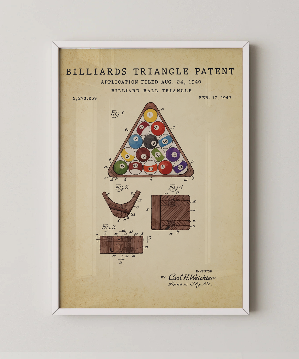 Billiards triangle patent print in a white frame