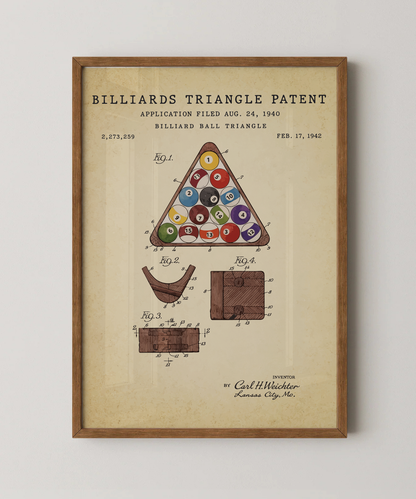 Billiards triangle patent print in a natural oak wood frame