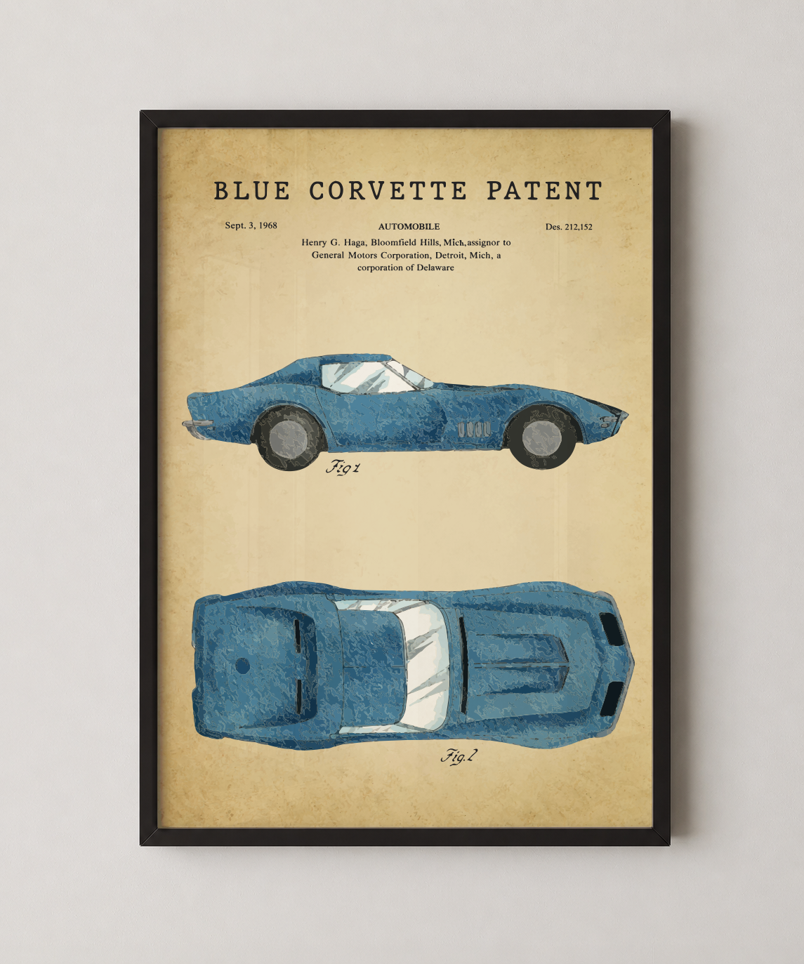Blue Corvette patent print in a black frame