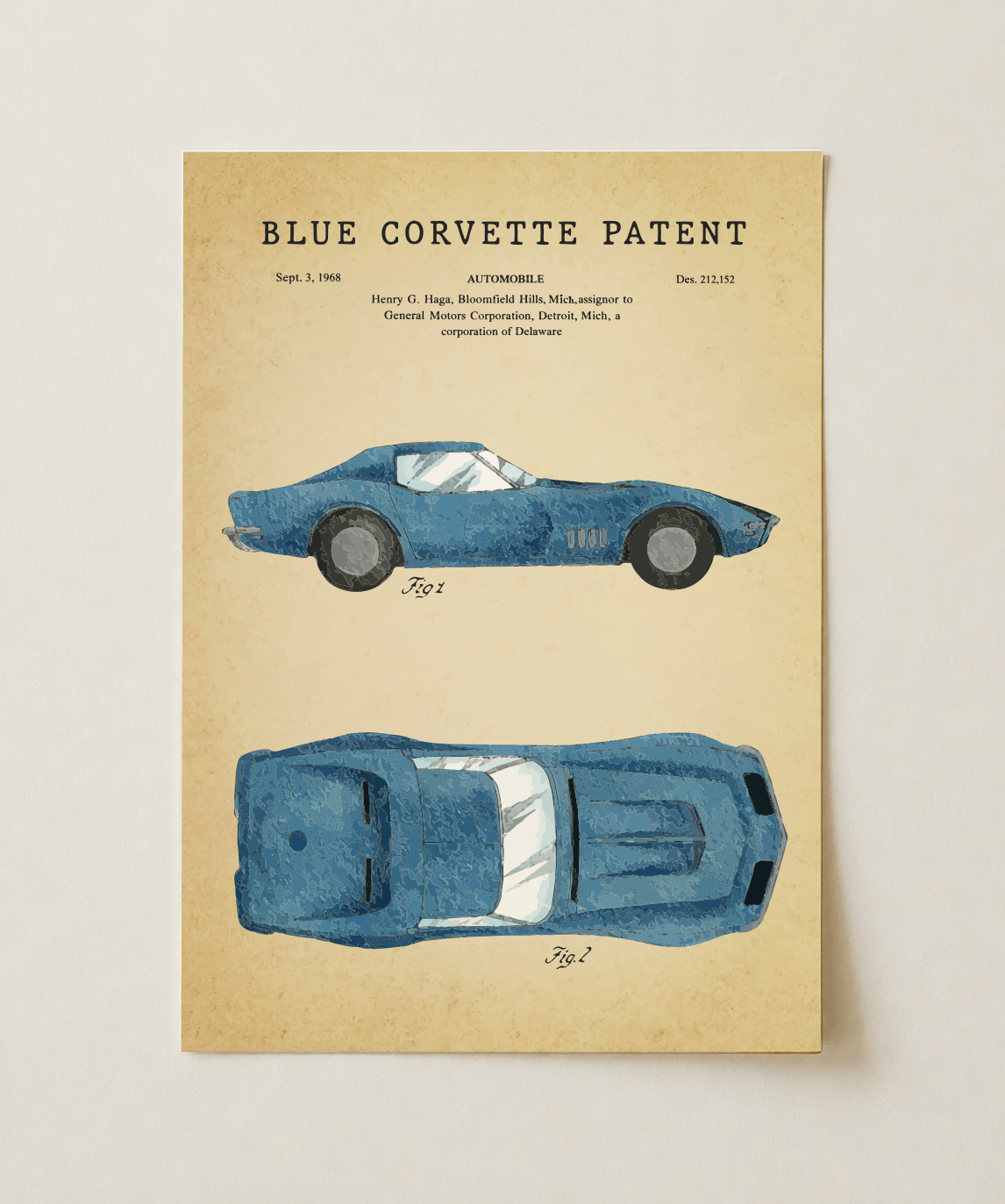 Blue Corvette patent print, unframed