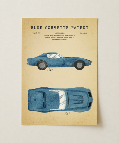 Blue Corvette patent print, unframed
