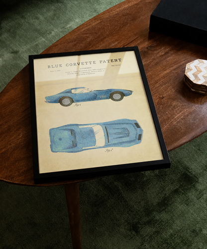 Blue Corvette patent print displayed on a tabletop