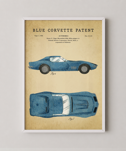 Blue Corvette patent print in a white frame