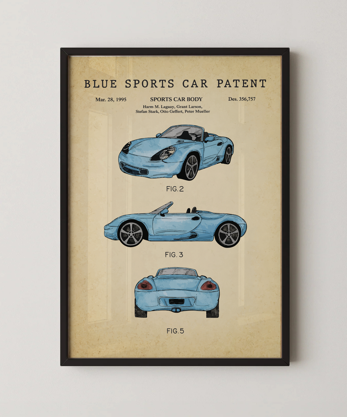 Blue sports car patent print in a black frame