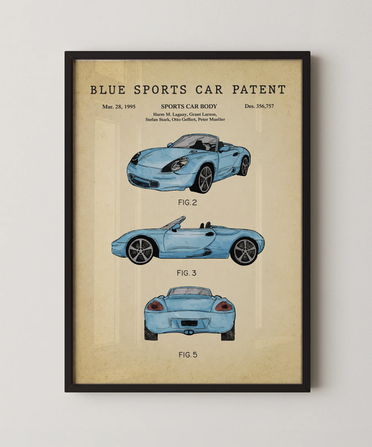Blue sports car patent print in a black frame