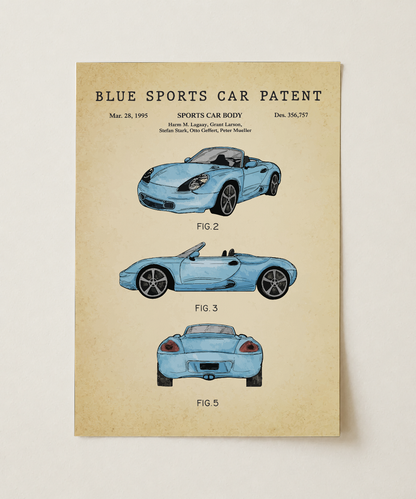 Blue sports car patent print, unframed