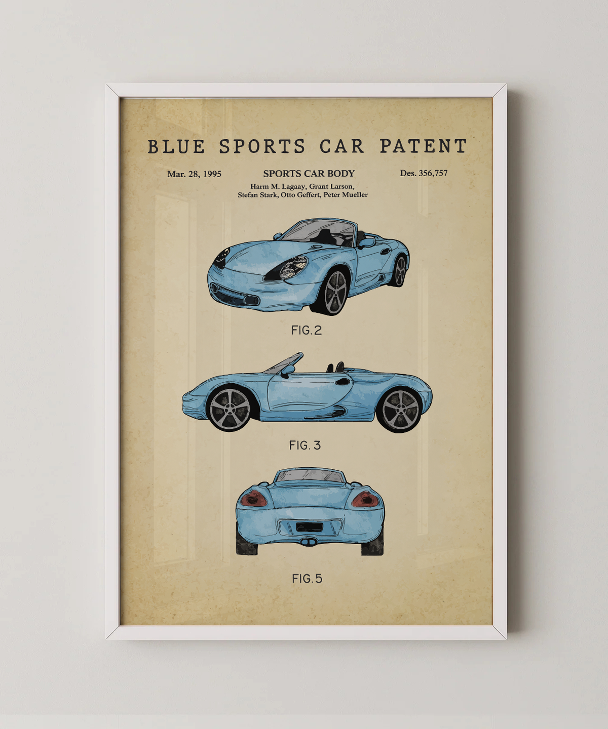 Blue sports car patent print in a white frame