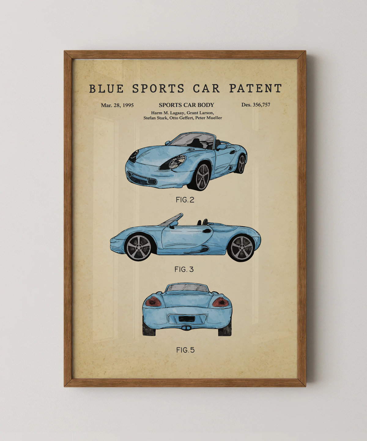 Blue sports car patent print in a natural oak wood frame