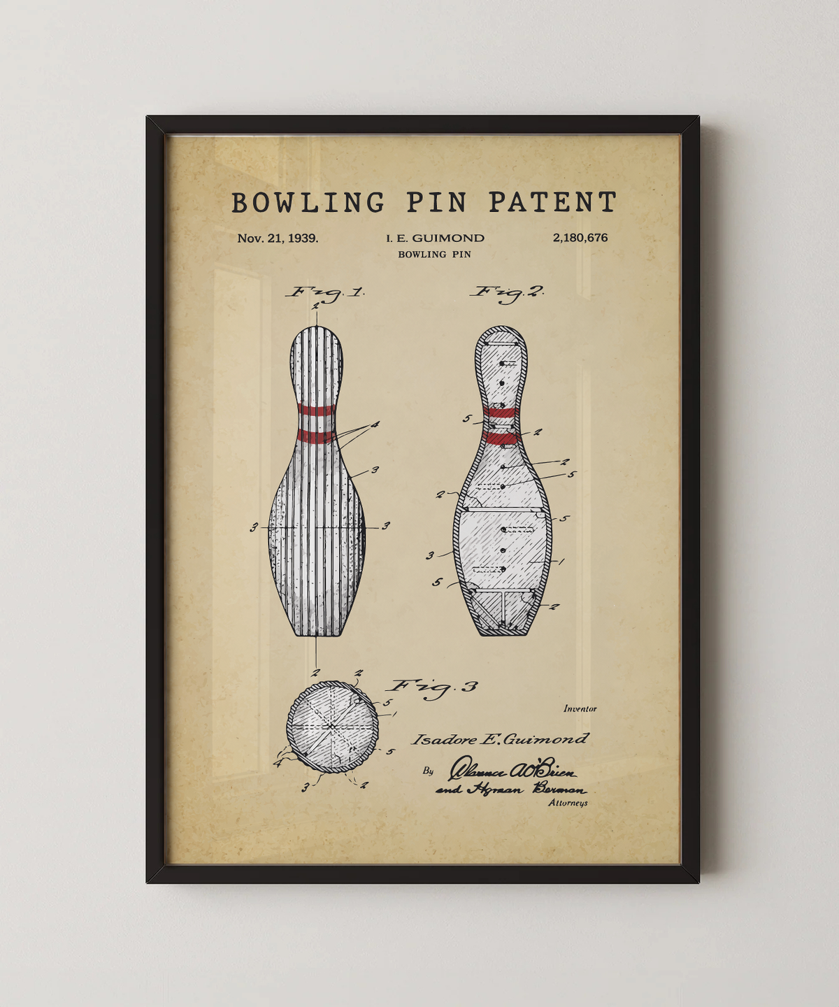 Bowling pin patent print in a black frame