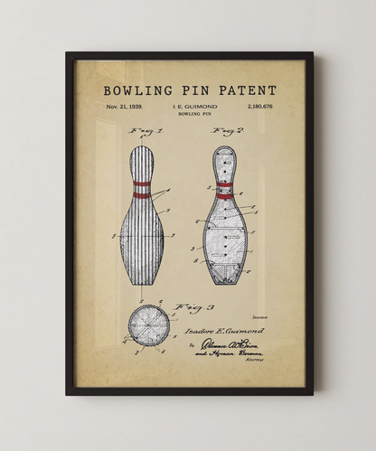 Bowling pin patent print in a black frame