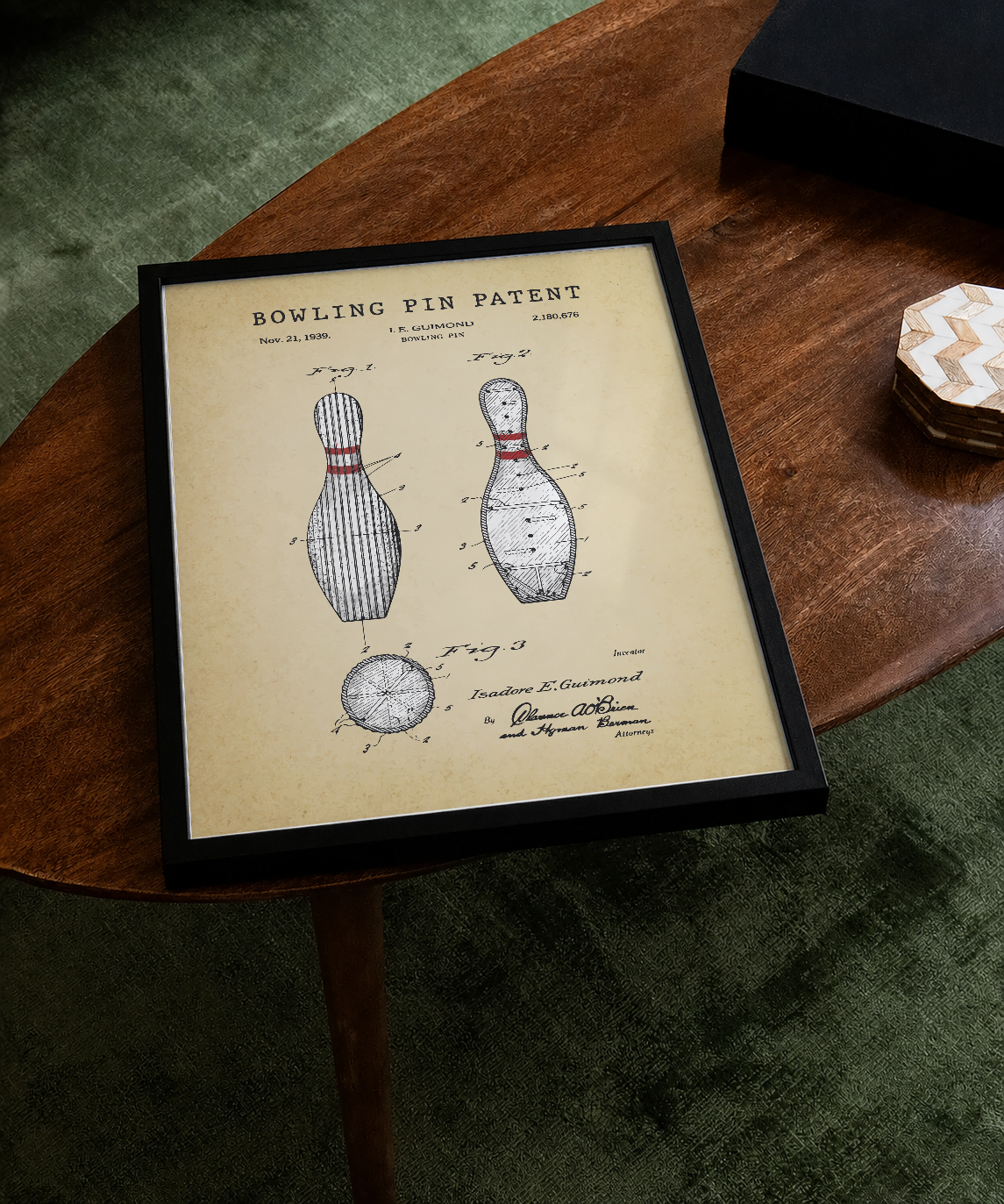 Bowling pin patent print displayed on a tabletop