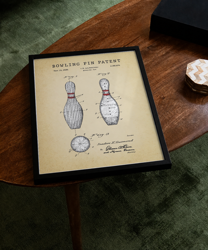 Bowling pin patent print displayed on a tabletop