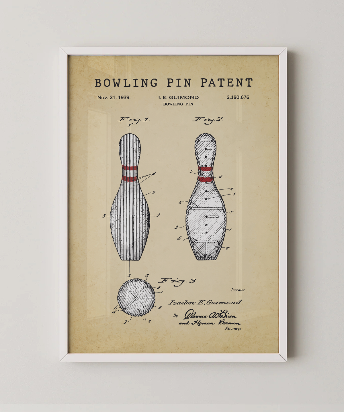Bowling pin patent print in a white frame