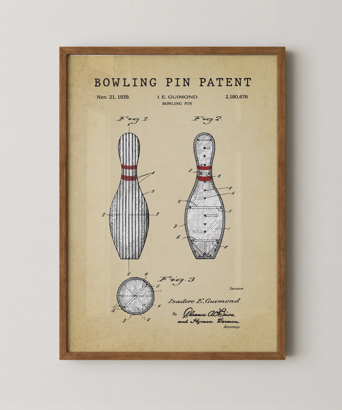Bowling pin patent print in a natural oak wood frame