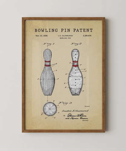 Bowling pin patent print in a natural oak wood frame