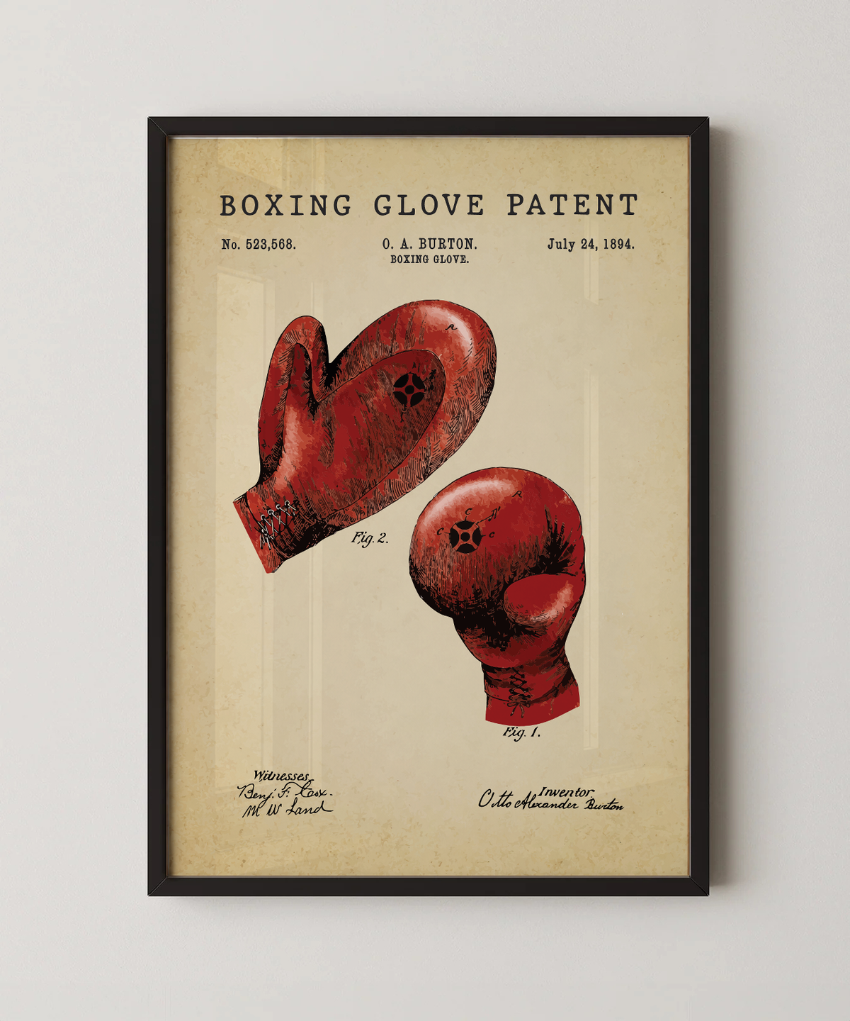 Boxing glove patent print in a black frame