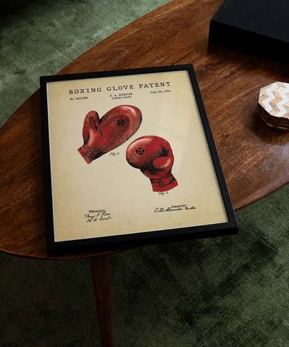Boxing glove patent print displayed on a tabletop