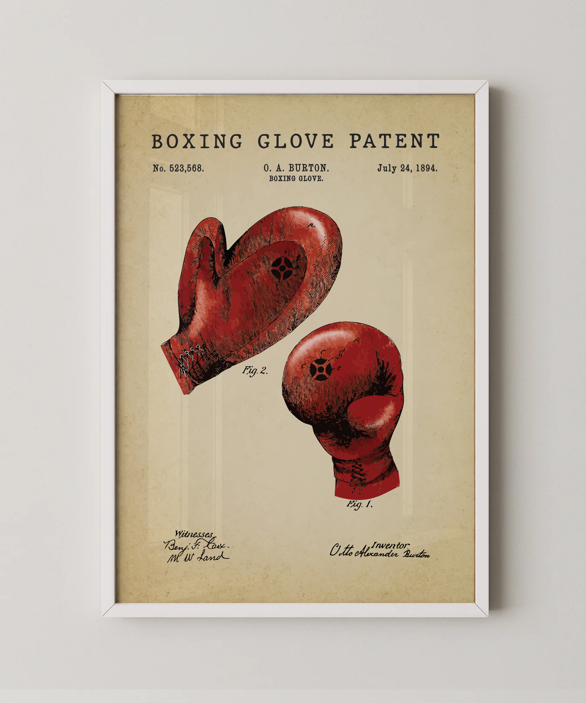 Boxing glove patent print in a white frame