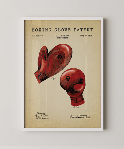 Boxing glove patent print in a white frame