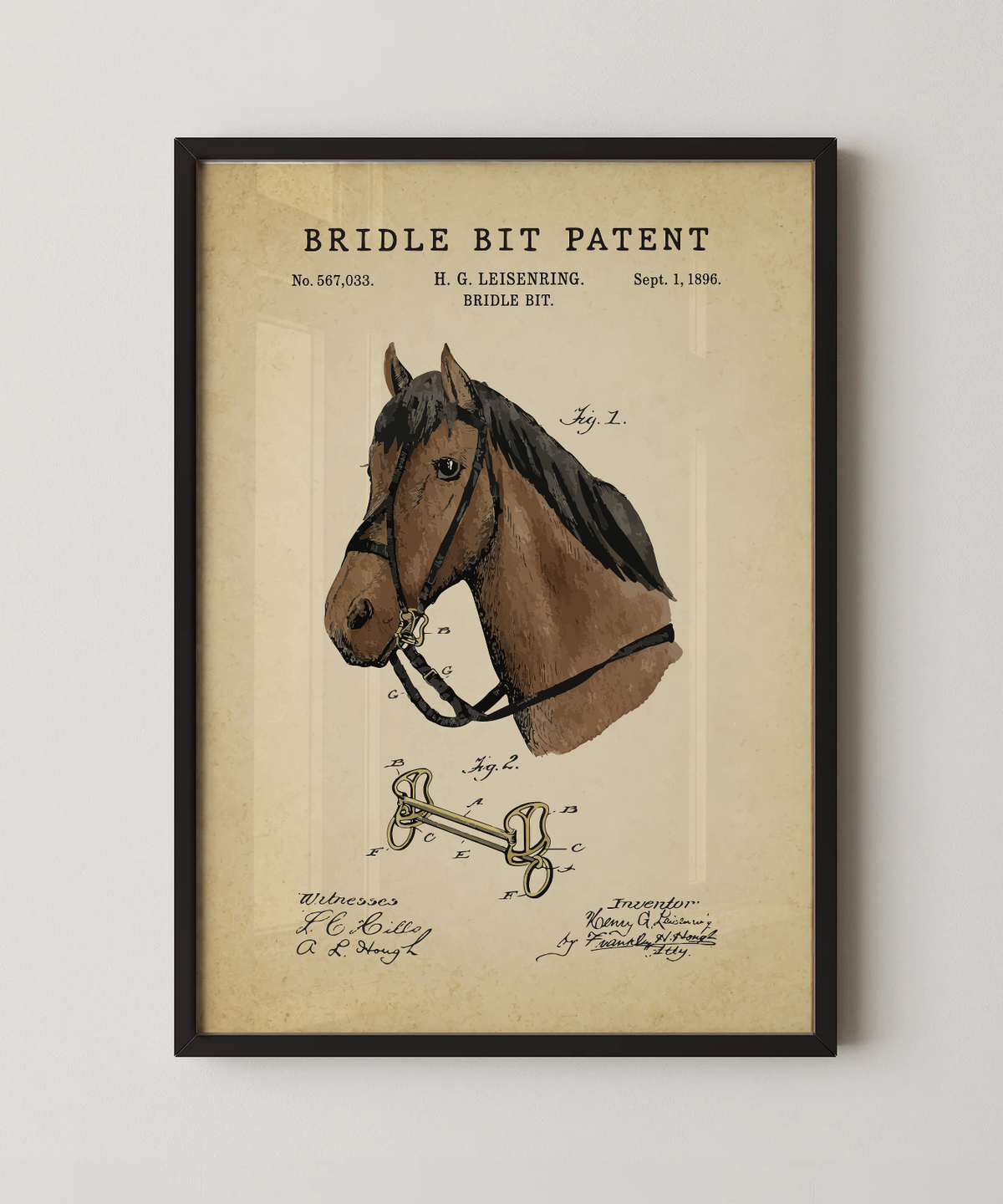 Bridle bit patent print in a black frame