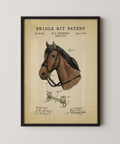 Bridle bit patent print in a black frame