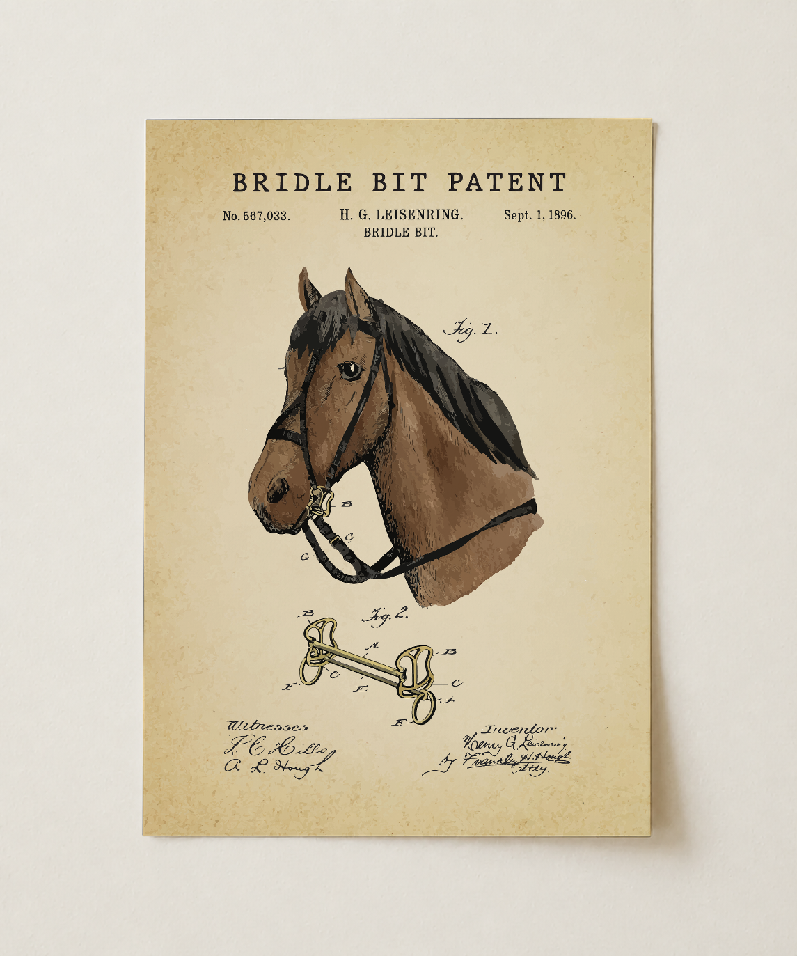 Bridle bit patent print, unframed