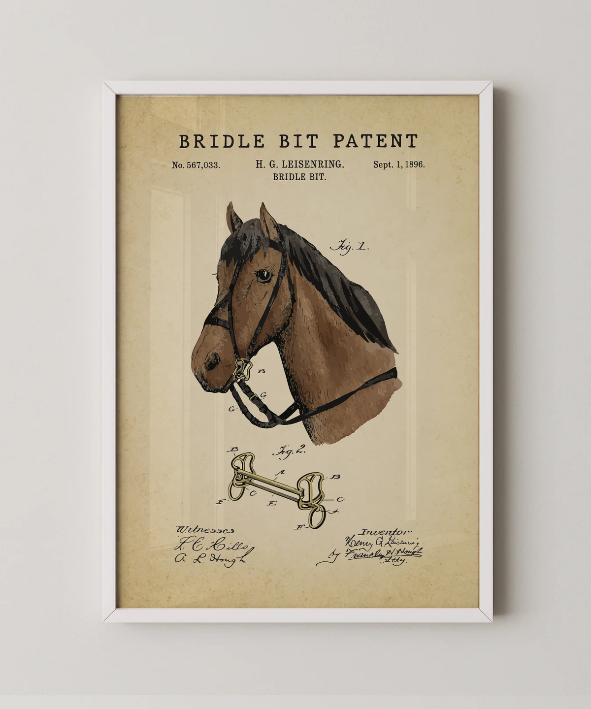 Bridle bit patent print in a white frame