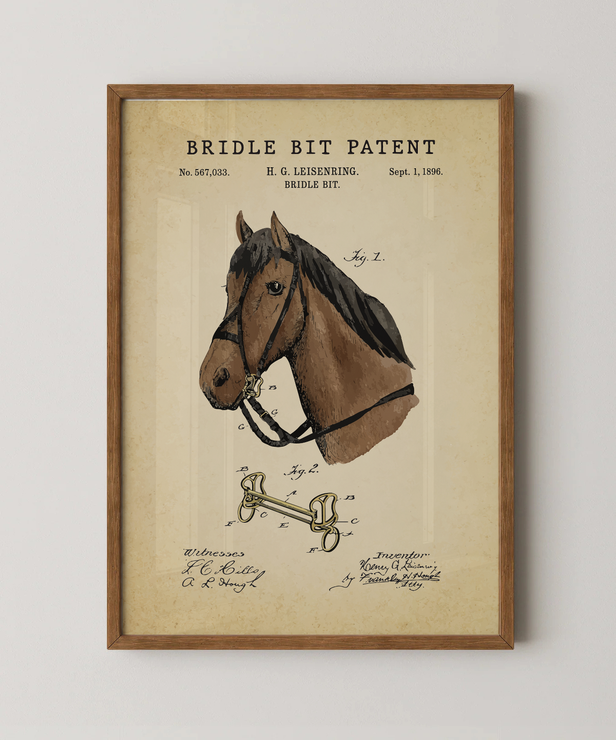 Bridle bit patent print in a natural oak wood frame