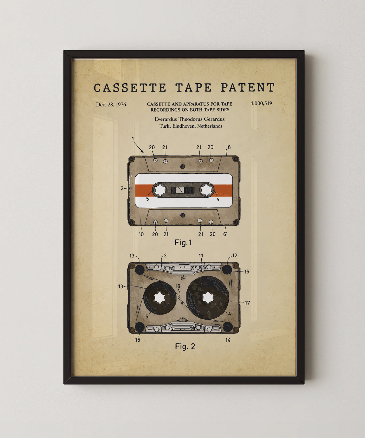 Cassette tape patent print in a black frame