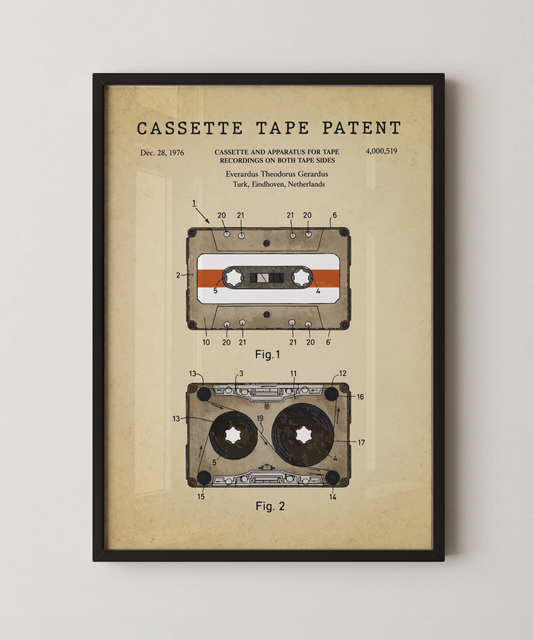 Cassette tape patent print in a black frame