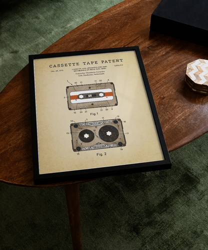 Cassette tape patent print displayed on a tabletop