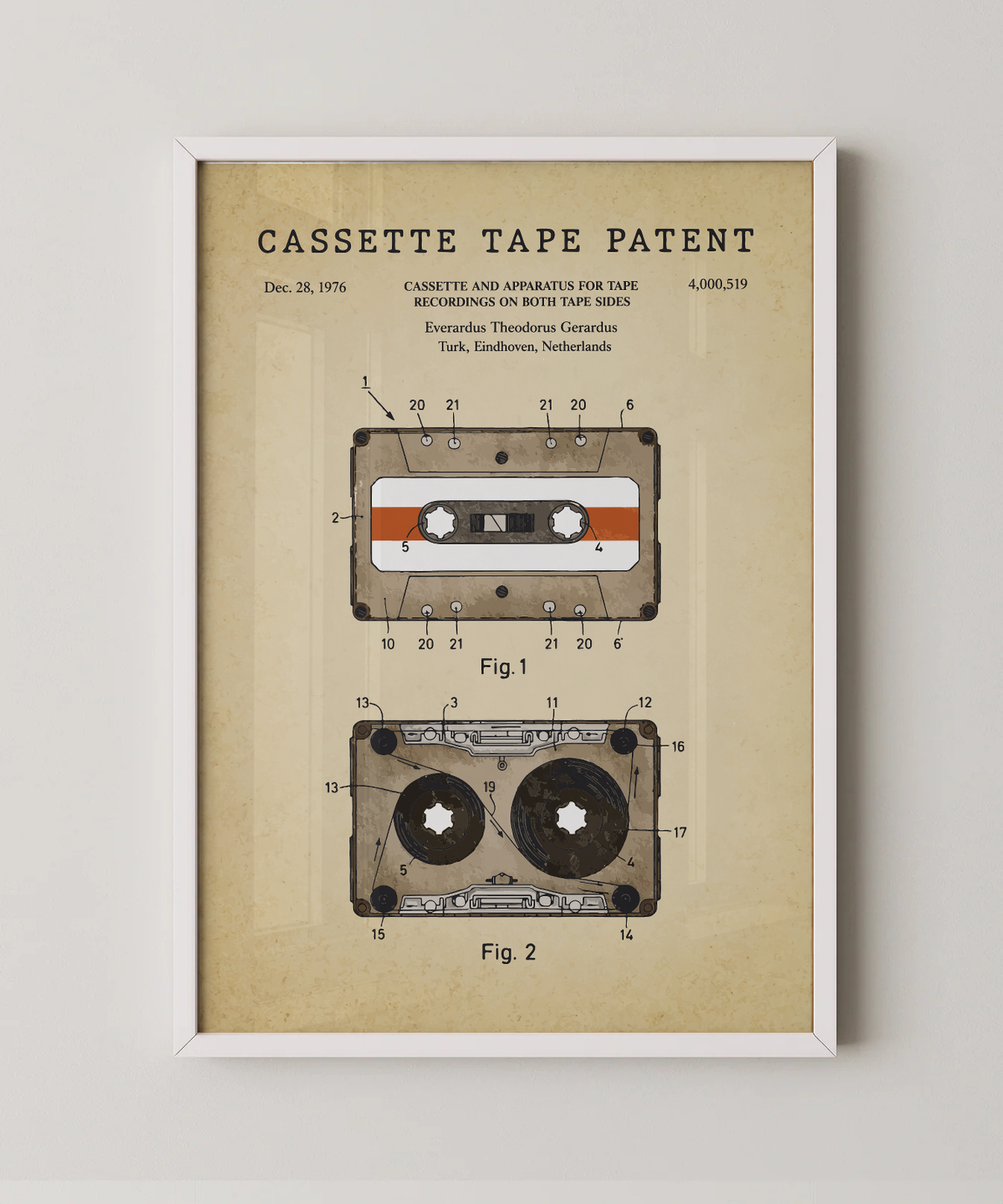 Cassette tape patent print in a white frame