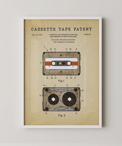 Cassette tape patent print in a white frame