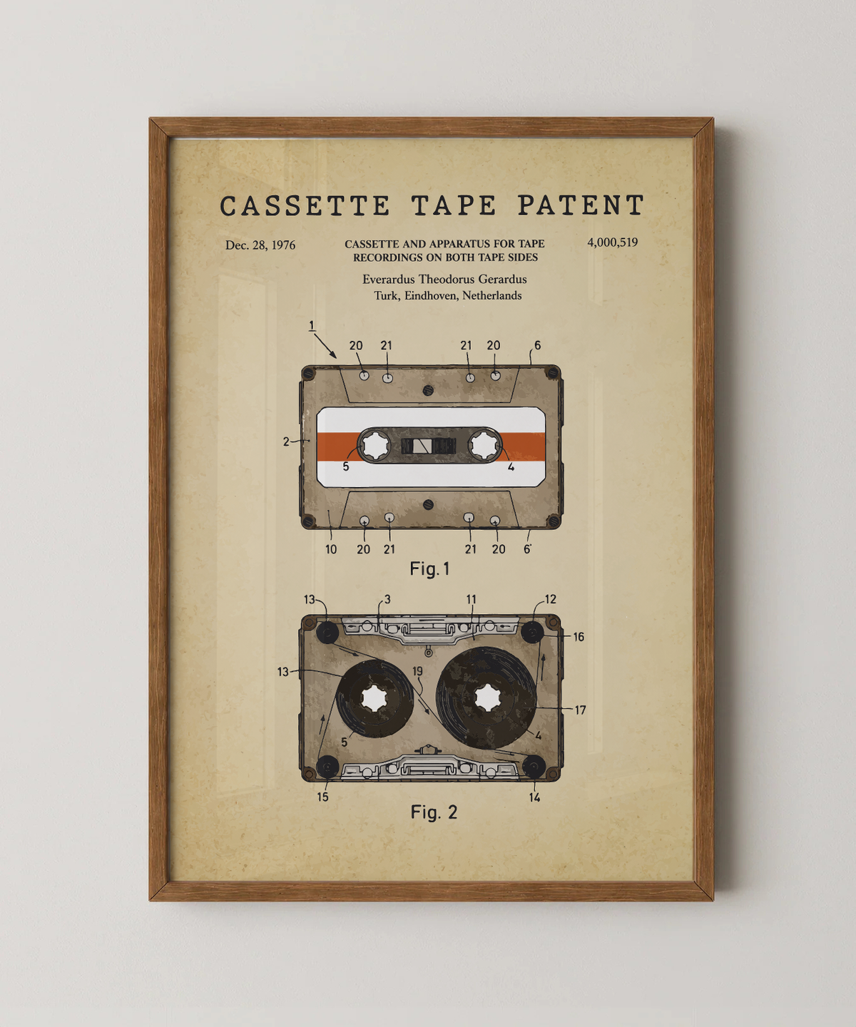Cassette tape patent print in a natural oak wood frame