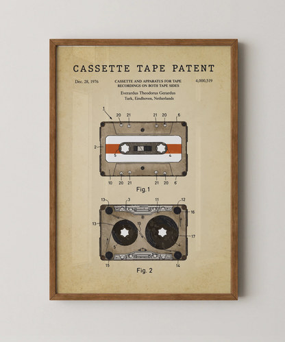 Cassette tape patent print in a natural oak wood frame